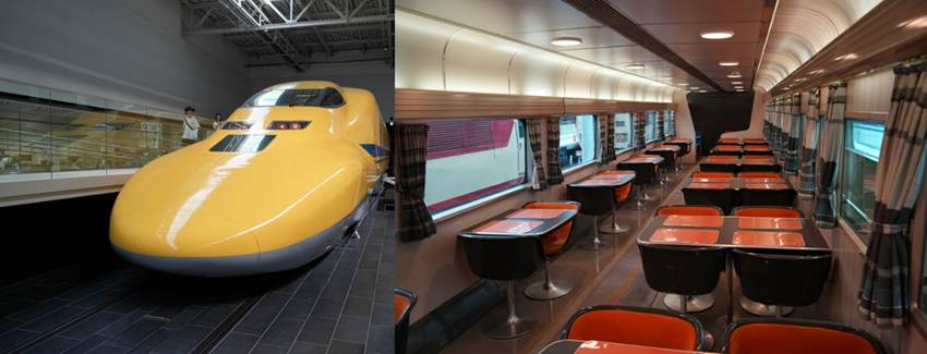 「リニア・鉄道館」に展示されているドクターイエローと新幹線食堂車