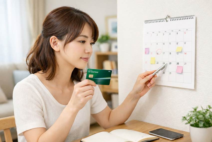 クレジットカードを持って、カレンダーをチェックしている女性