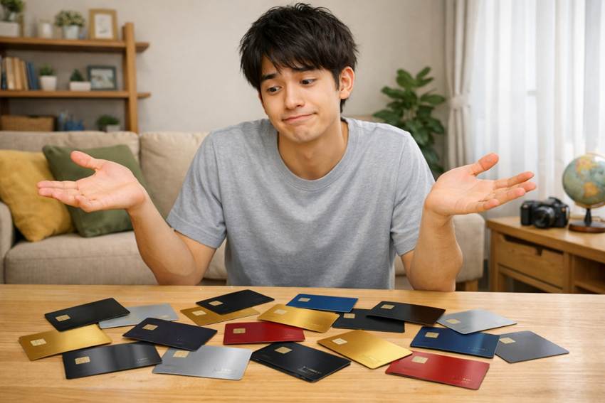 机に散乱したクレジットカードを見ながら肩をすくめる男性