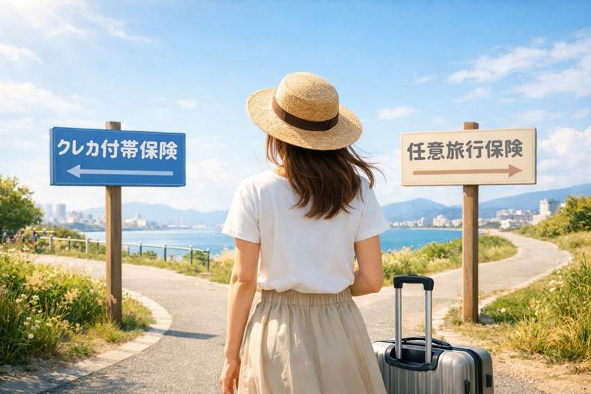 クレカの付帯保険と任意旅行保険を選ぶ女性