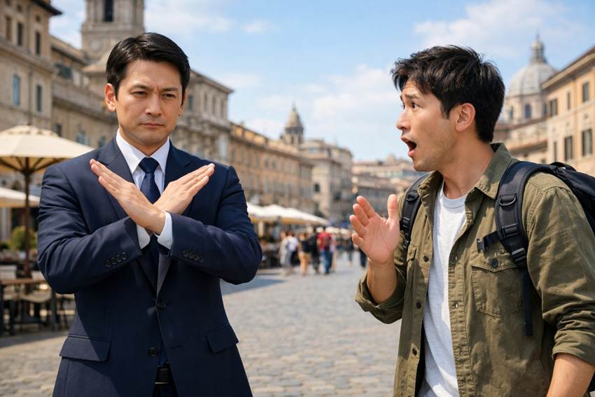 ビジネスマンに拒否されて驚く男性