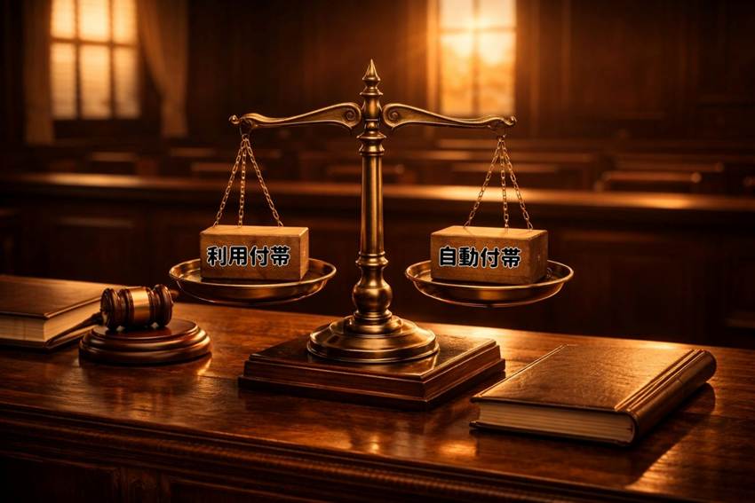 裁判所に「利用付帯」と「自動付帯」が刻印された木片が置かれた天秤