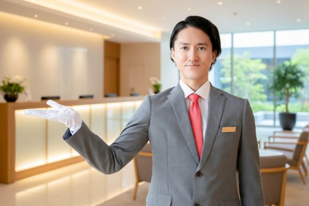 サービスを紹介するホテルのフロントマン