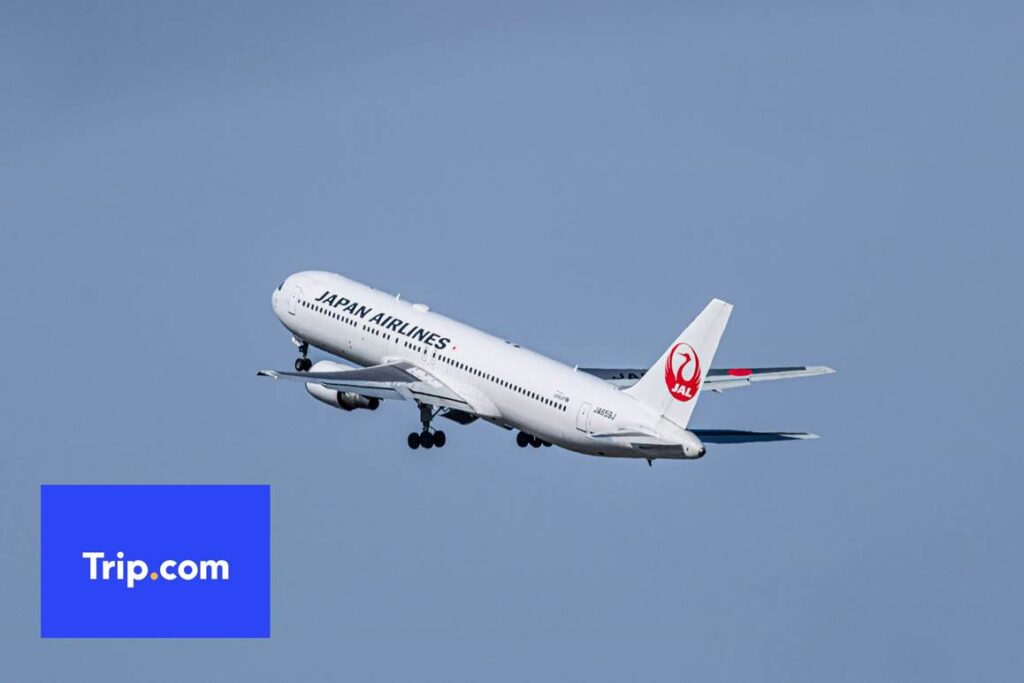 JALの飛行機とTrip.comのロゴ