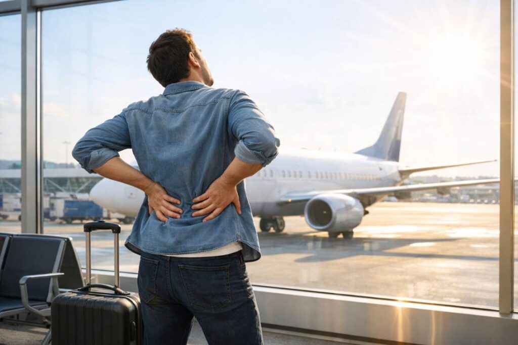 飛行機の長旅に疲れている男性旅行者