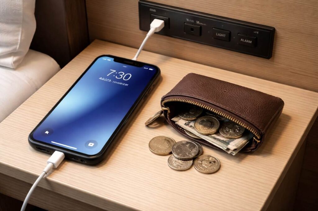 ベッドの枕元に置かれている小銭入れとスマートフォン