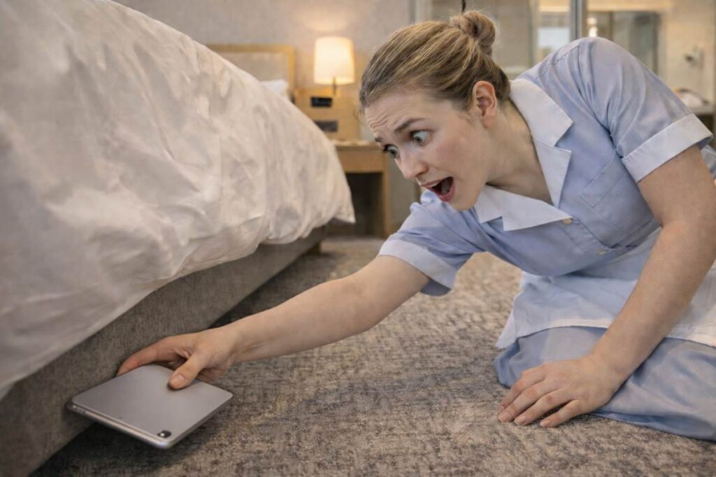外国のホテルの部屋のなかで、タブレットを発見した女性ホテルスタッフ