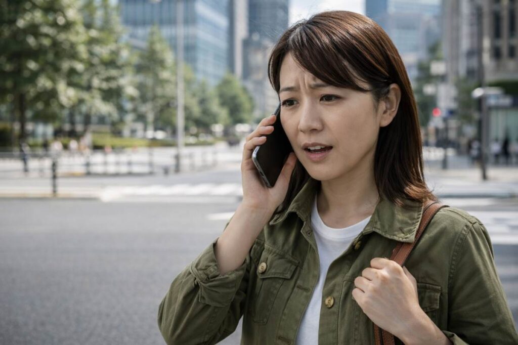 焦った表情で電話をする女性