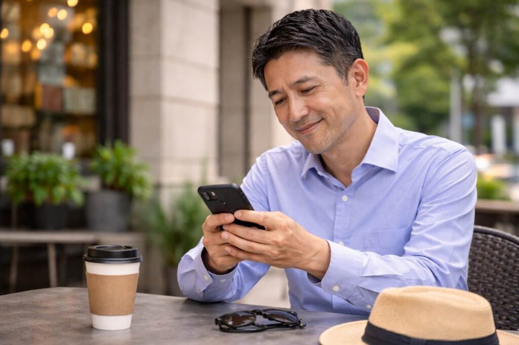 微笑みながらスマートフォンの画面を見つめる男性