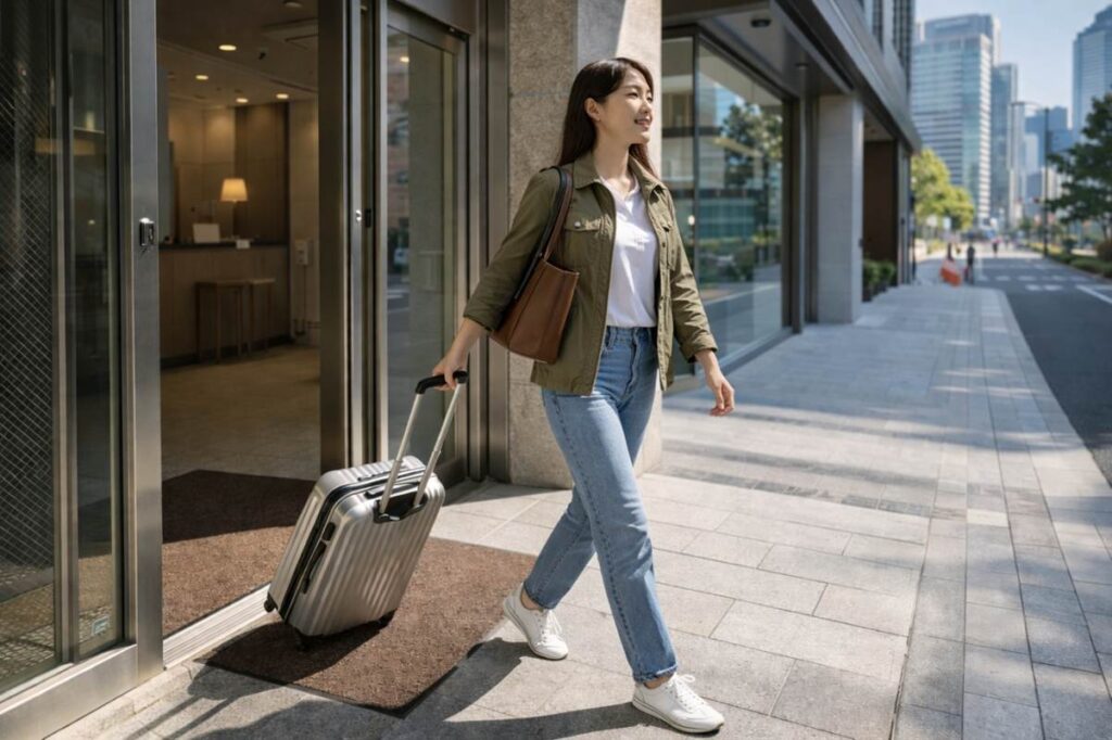 ホテルをチェックアウトする女性