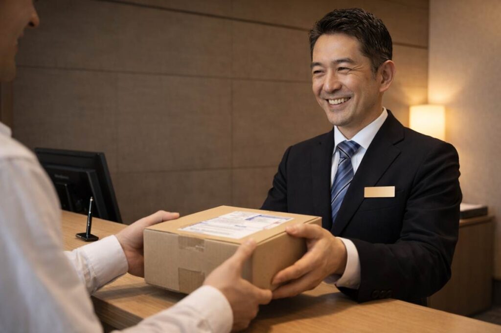 宿泊客から荷物を預かるホテルのフロントスタッフ