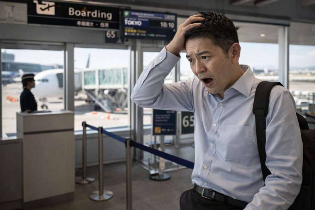 空港の搭乗ゲートで頭を抱える男性