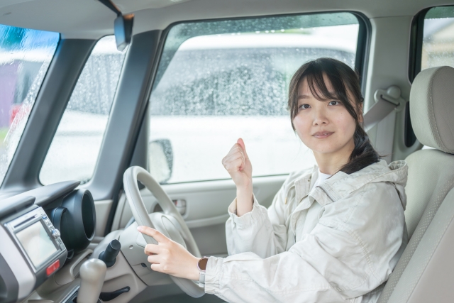 雨天の自動車のなかで、ガッツポーズを取っている女性
