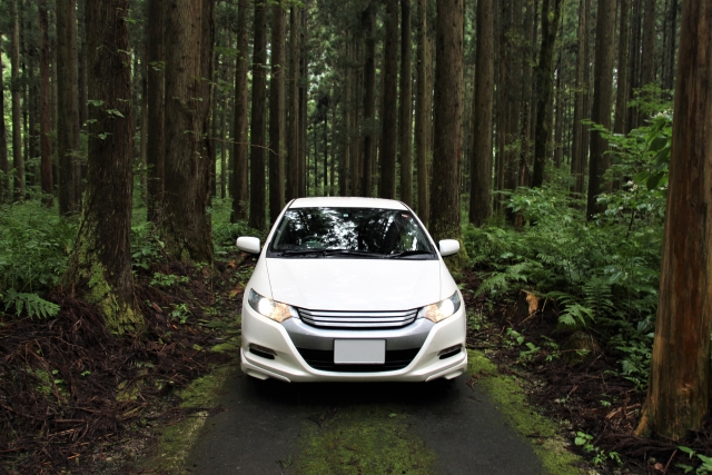 狭い山道の中をゆっくりとした走行する自動車