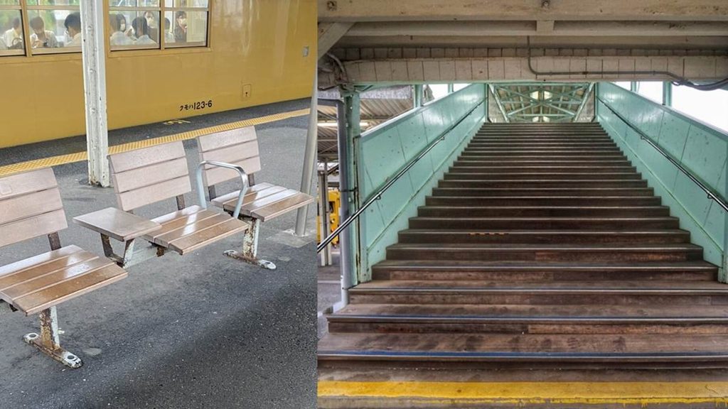 「JR宇部新川駅」プラットフォームのベンチと構内の階段
